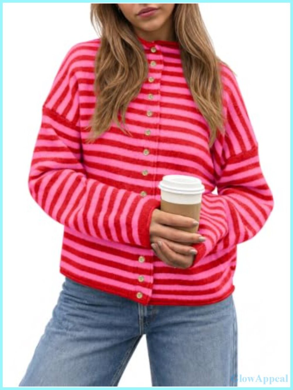 Womens Striped Cardigan Sweater Mock Neck Button Down Long Sleeve Knit Fall Top